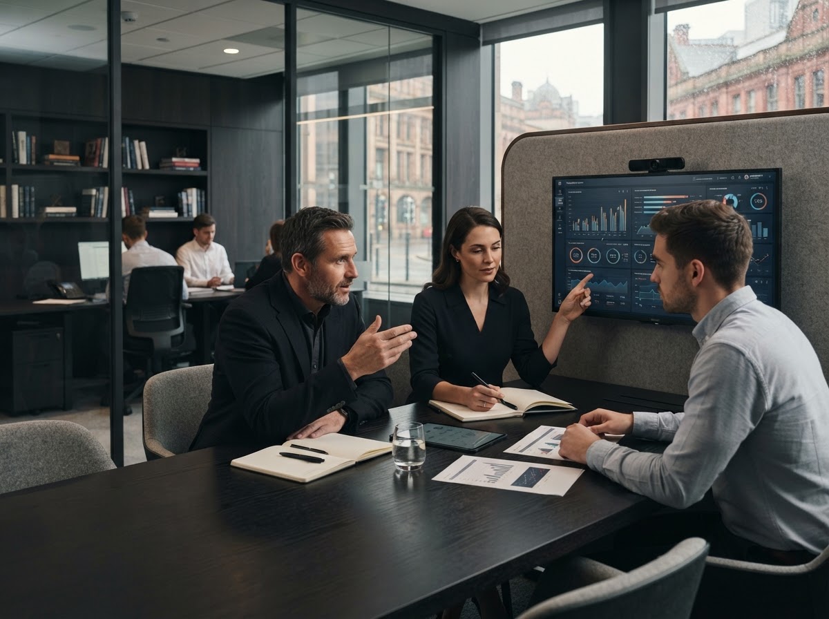 Westderby analyst reviewing quantitative market data on screen